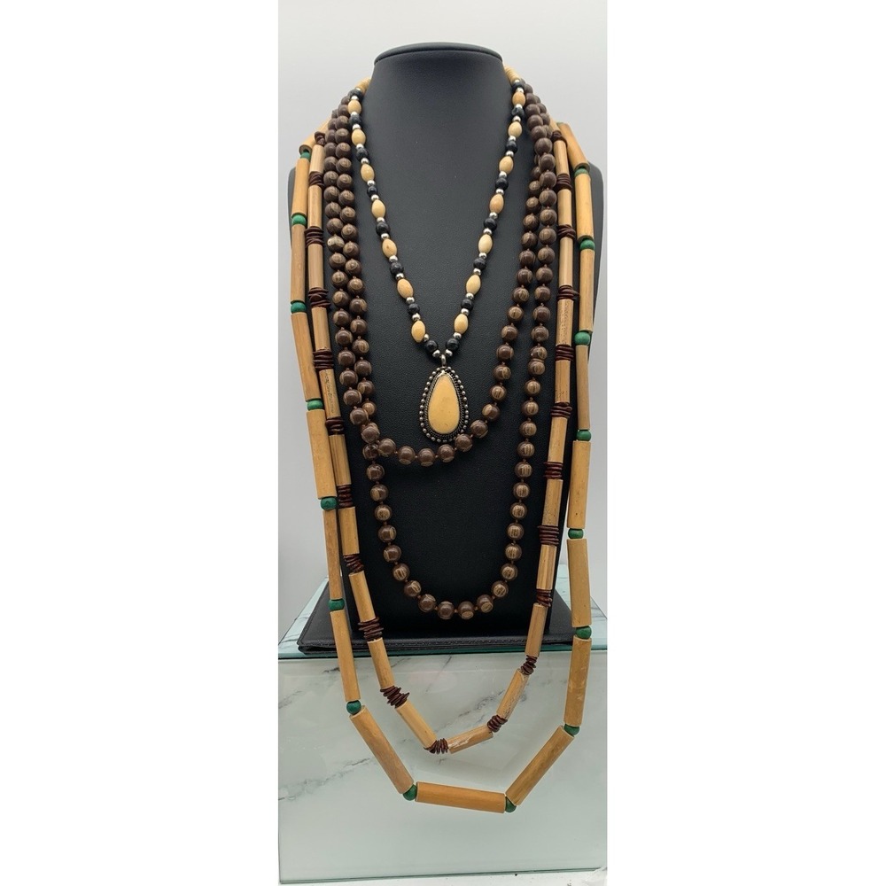 Vintage Lot Of 4 Boho Tribal Nature Inspired Mixed Wood & Materials Necklaces